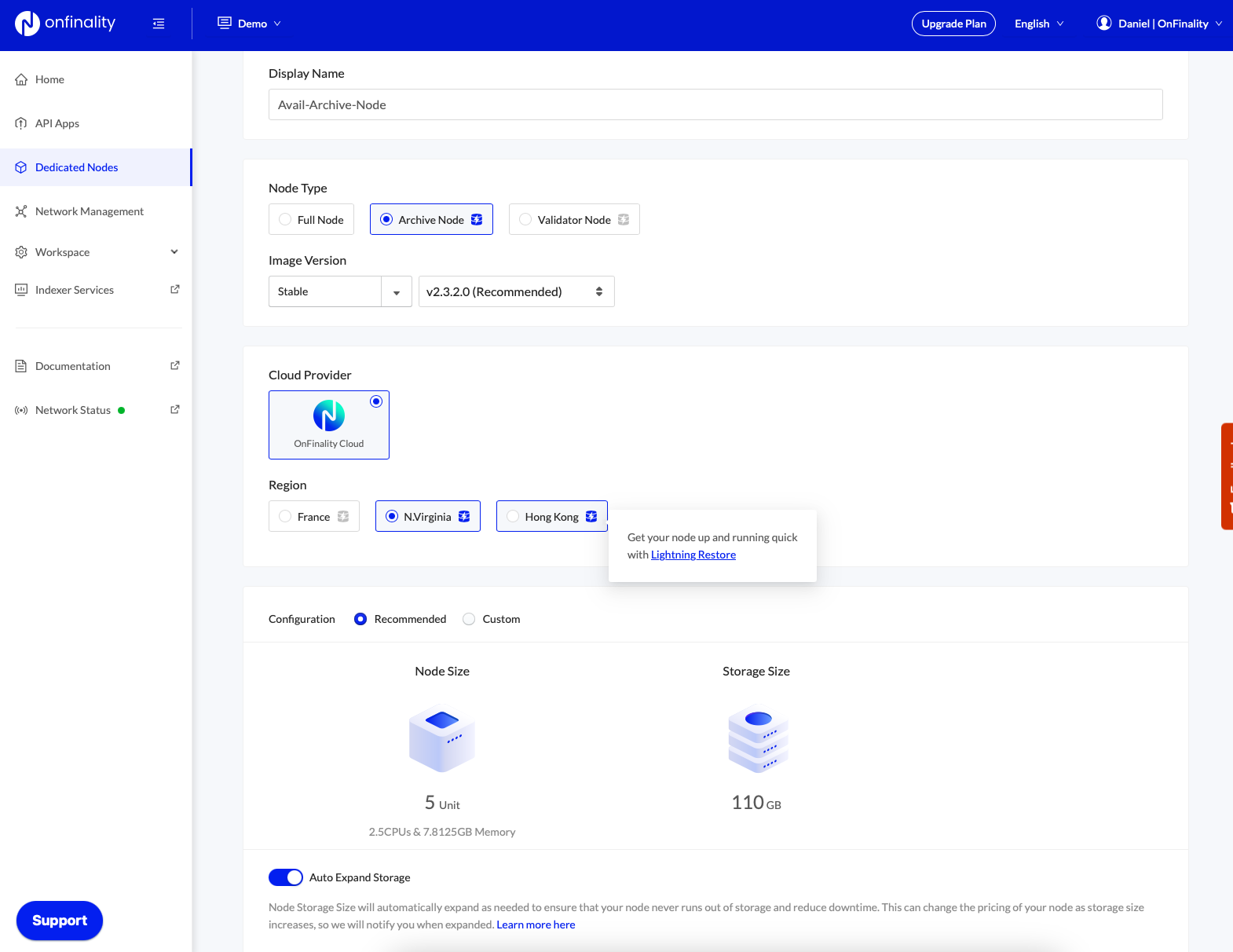 Deploy Avail Node with OnFinality - Select Configuration